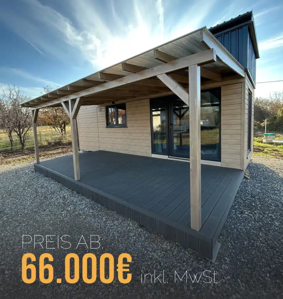 Aussenansicht Tiny House 34m2 mit Preisangabe